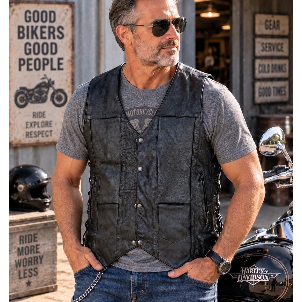 USA Bikers Dream Apparel Leather Biker Vest Men's 46 Black Lace Up Motorcycle